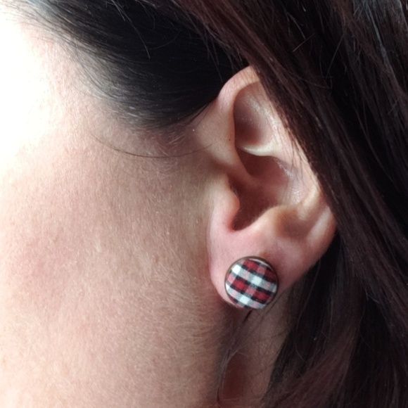 New Handmade | Upcycled Blue Yellow White Plaid Button Stud Earrings - Picture 4 of 4